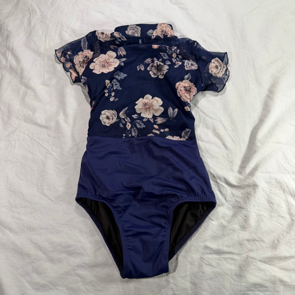 Chelsea B Girls Navy Floral Mesh High Neck Open Back Dance Leotard Child Large